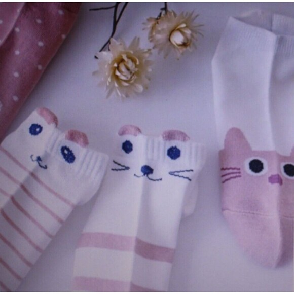 5 Pairs Cartoon Cat Print Socks Women’s Low Cut Ankle Kitty Pink White Girls NIP - Picture 7 of 8